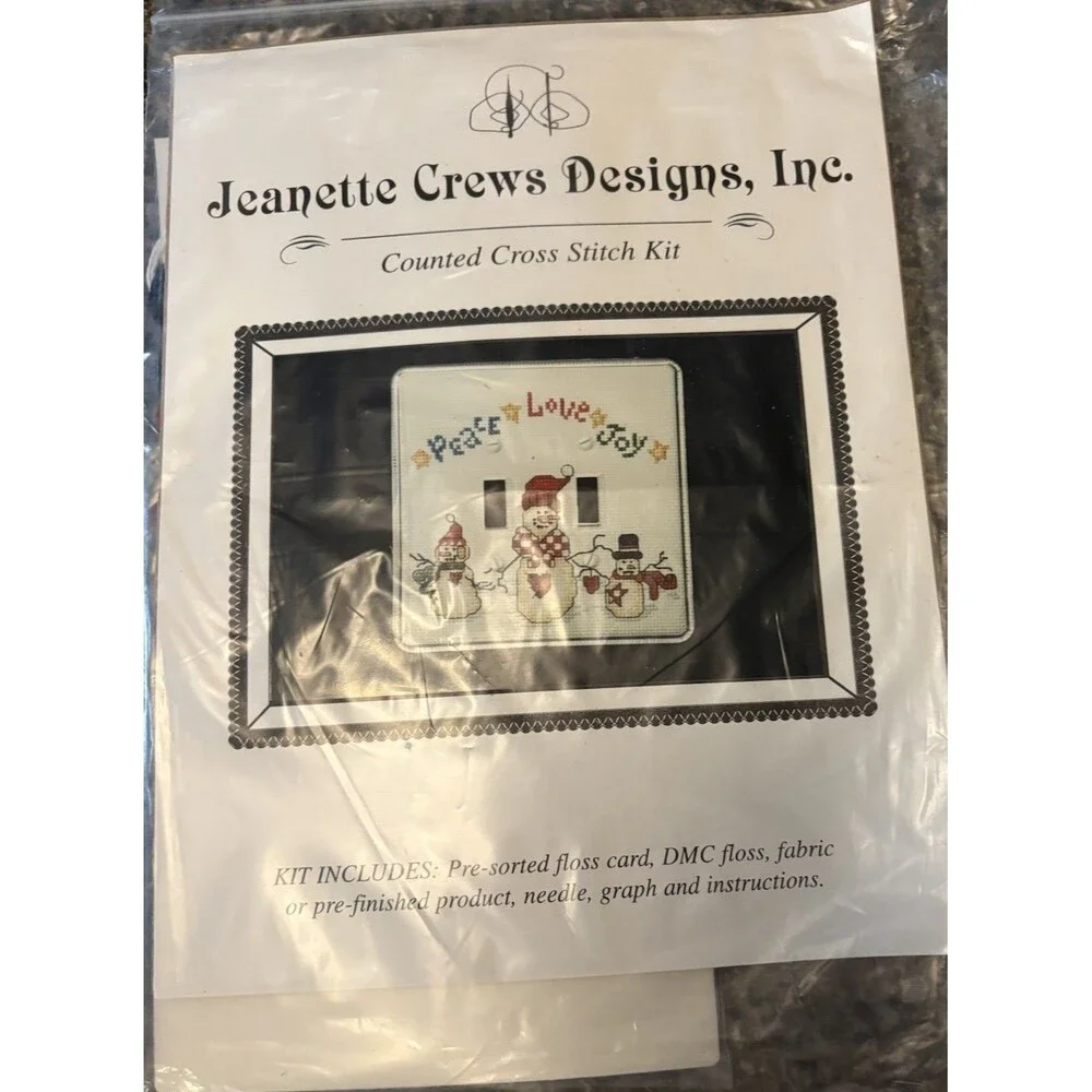 Vintage Jeanette Crews Counted Cross Stitch Kit Snowmen Double Switchplate NIP